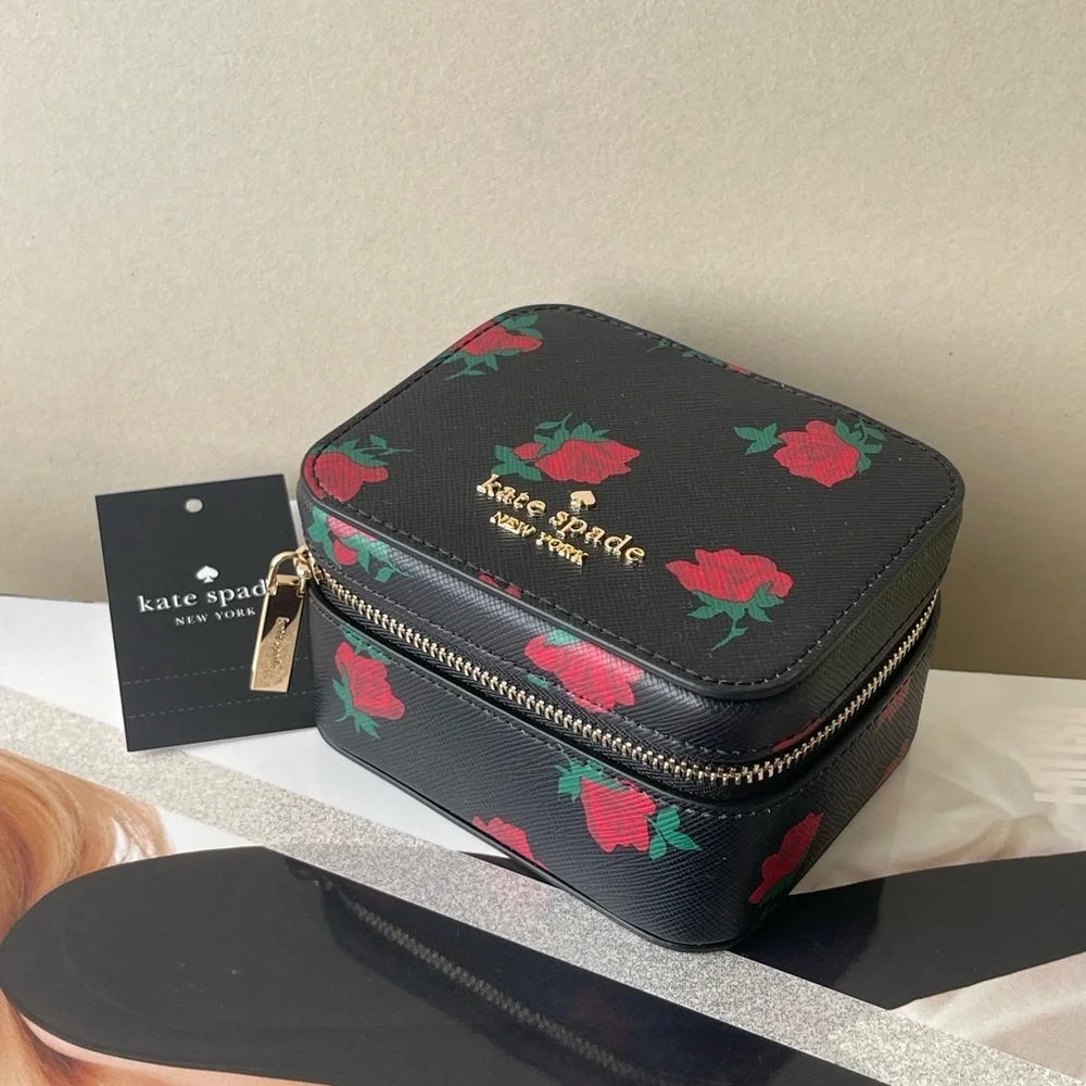 (new+tag) Kate Spade chic black jewelry box with vibrant red floral design